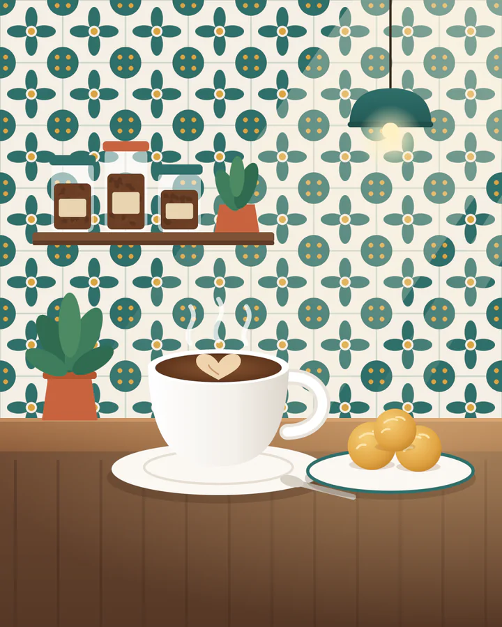 Ilustração de uma xícara de café e pão de queijo no balcão, com azulejos ao fundo